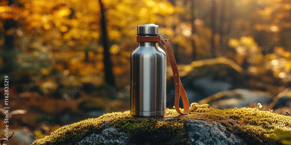A bottle with a leather strap stands on a mossy rock in a vibrant autumn forest setting. A bottle with a leather strap stands on a mossy rock in a vibrant autumn forest setting.