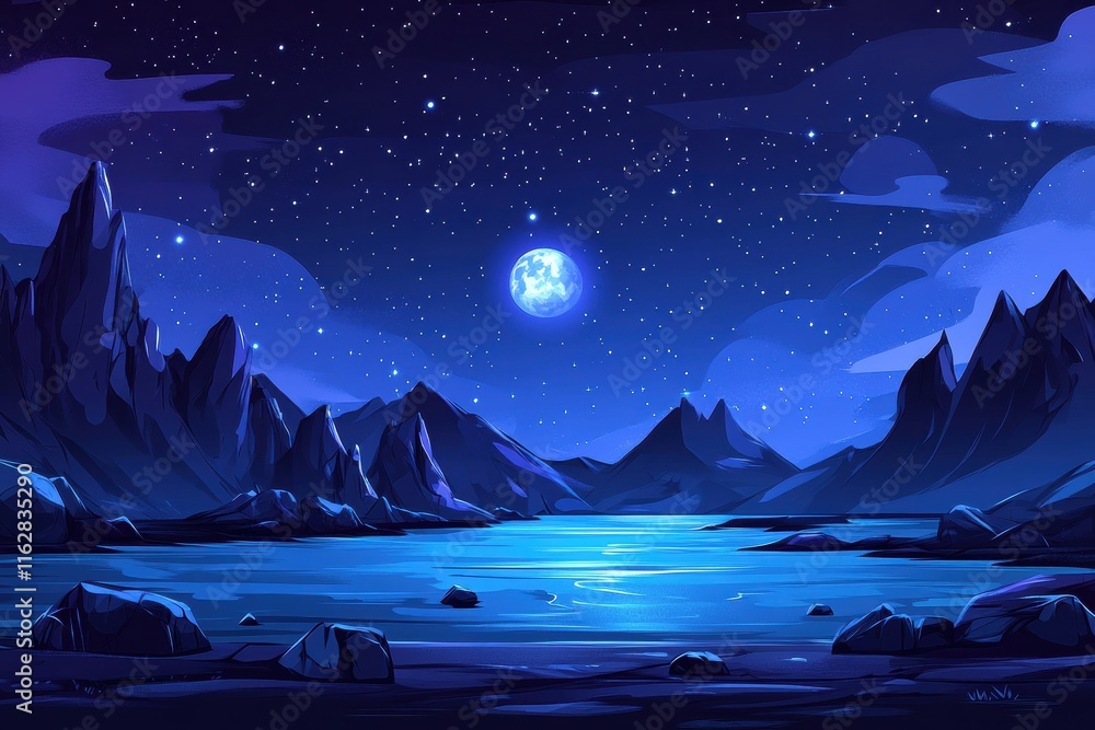 Fototapeta premium Glowing Full Moon Above Serene Night Sky with Stylized Vector Art, Soft Light Gradients and Dark Blue Background Illustrating Peaceful Mountain Landscape