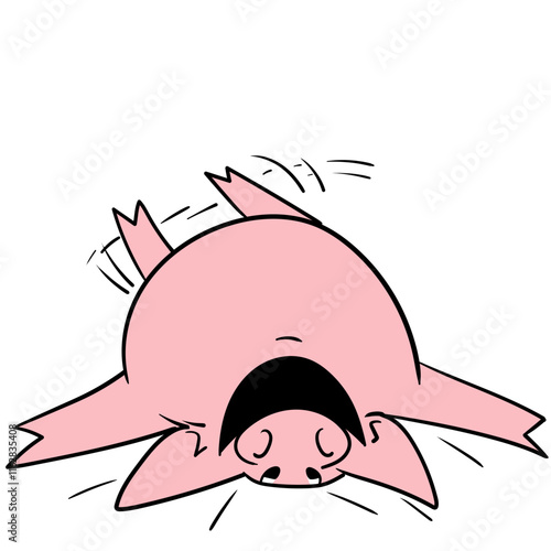 A pig on the ground, belly up, laughing its head off with a big mouth and moving its little legs in a very funny cartoon style.