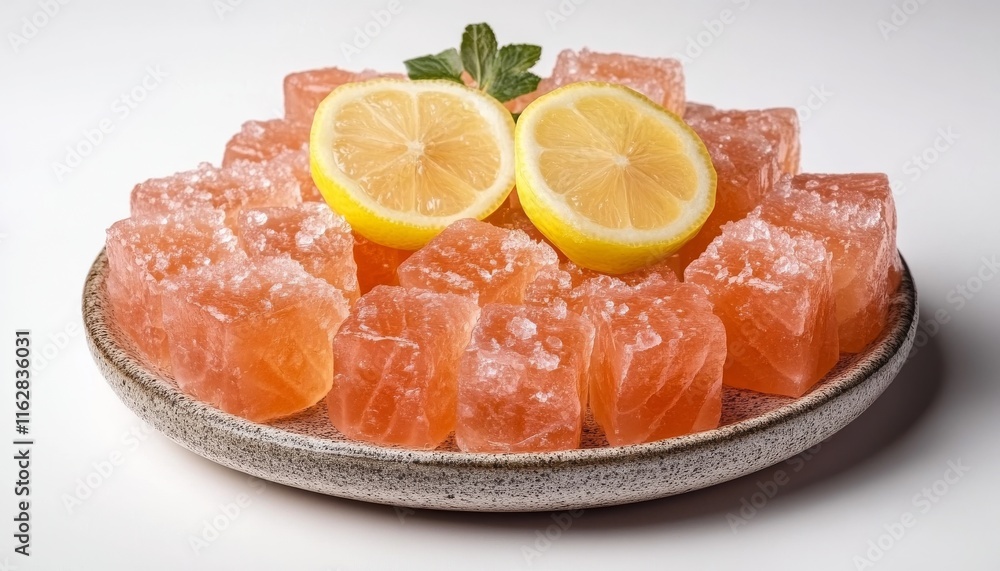 Refreshing pink jelly cubes garnished with mint and lemon slices on a rustic plate, perfect for summer desserts. Refreshing pink jelly cubes garnished with mint and lemon slices on a rustic plate, perfect for summer desserts.