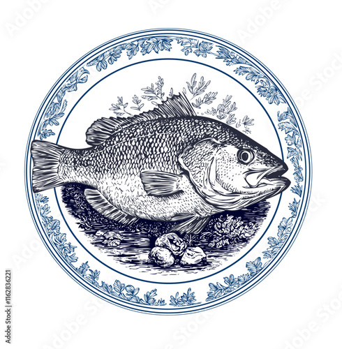 Fish on a plate. Dorado,fish sea bass on a plate rough engraving on porcelain. Poster for a fish-seafood restaurant in a graphic style. Illustration of fish vector without background for a restaurant.
