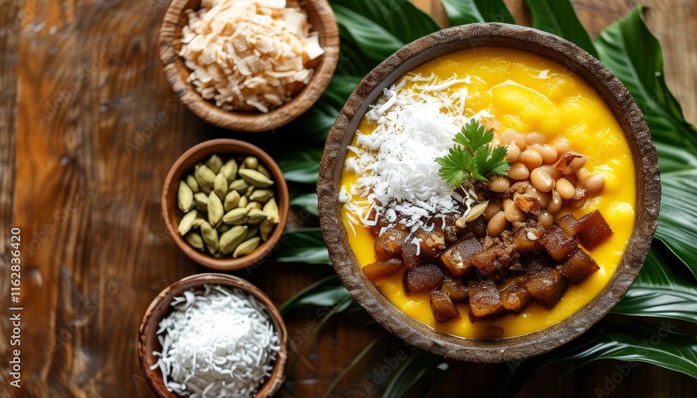 Sweetened Yam Bowl with Coconut and Spices on a Rustic Wooden Table Sweetened Yam Bowl with Coconut and Spices on a Rustic Wooden Table