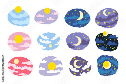 Day and night icons. Morning, evening sunny daytime emblems, sun and clouds on sky, time cycle. Isolated sunny stickers, weather kids labels. Sunlight and moon. Vector cartoon flat flat concept