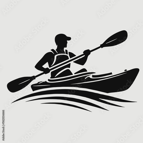 very simple, flat, and minimalist silhouette of a man kayaking in black color on a white background