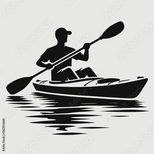 very simple, flat, and minimalist silhouette of a man kayaking in black color on a white background