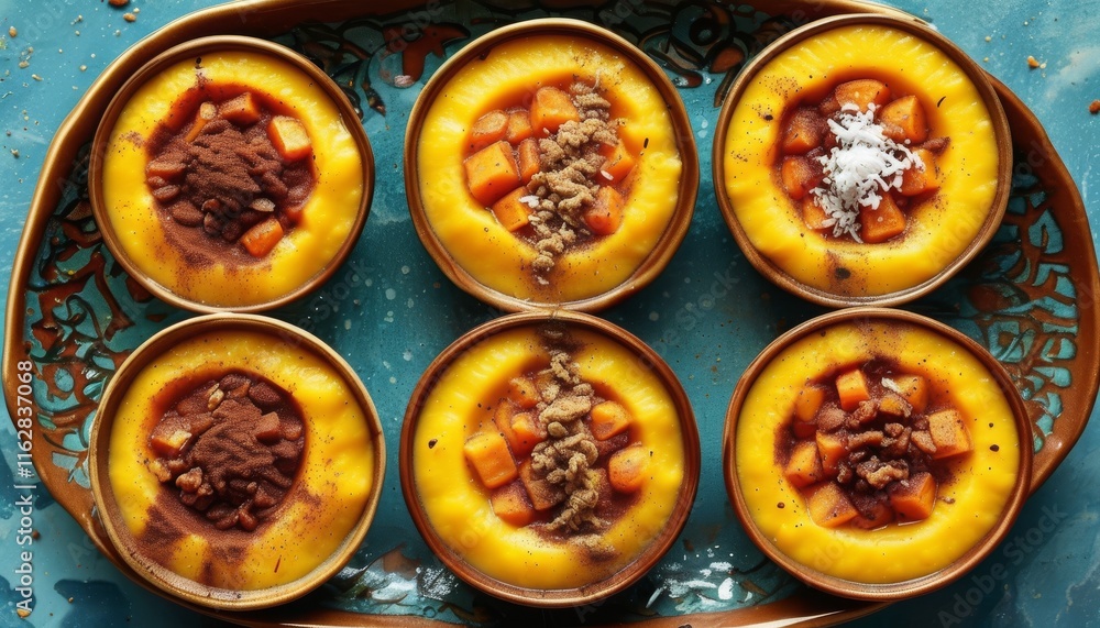 Colorful Haitian Sweet Potato Bowls with Unique Toppings on a Decorative Platter Colorful Haitian Sweet Potato Bowls with Unique Toppings on a Decorative Platter