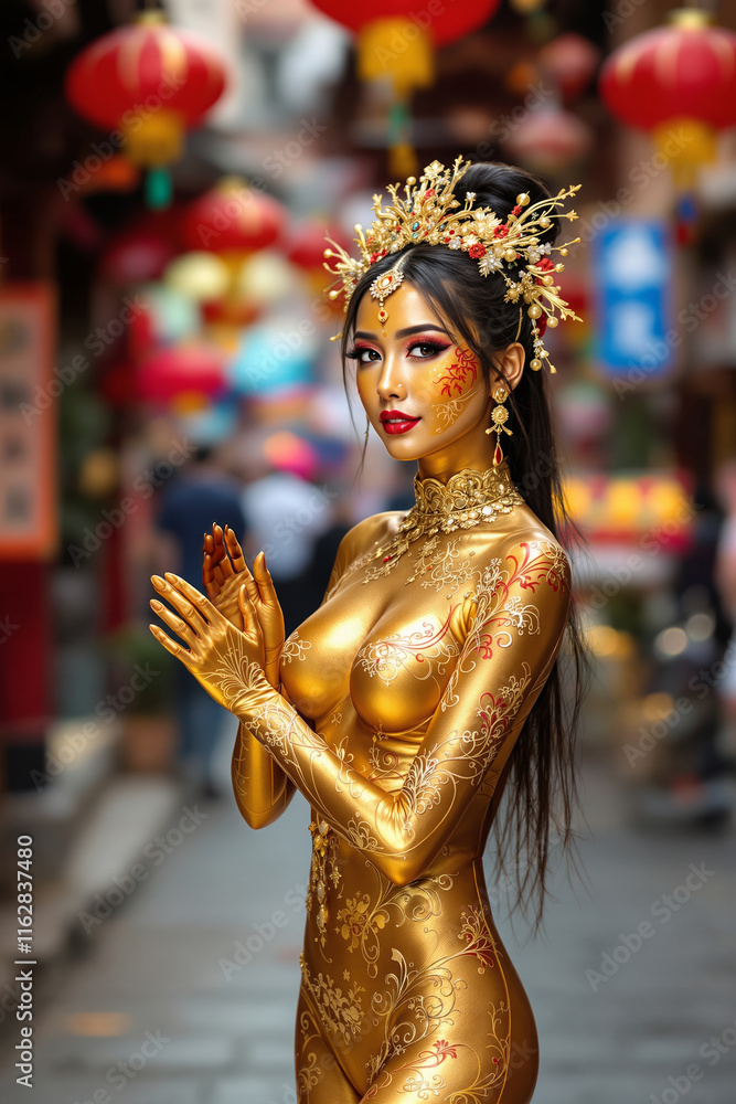 Chinese New Year. Asian woman body art and face painting. Dragon, lanterns, fireworks, city skylines, red and gold colors. Traditional celebrations in the world concept. Chinese New Year. Asian woman body art and face painting. Dragon, lanterns, fireworks, city skylines, red and gold colors. Traditional celebrations in the world concept.