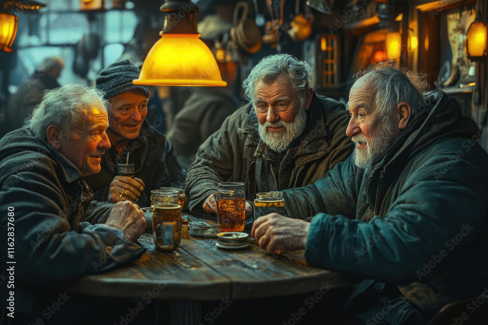 Four elderly men share drinks and conversation in a dimly lit tavern, enjoying camaraderie. Four elderly men share drinks and conversation in a dimly lit tavern, enjoying camaraderie.