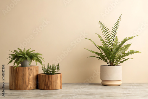 Wallpaper Mural Minimalistic greenery with wooden planters and text space for design elements. Torontodigital.ca