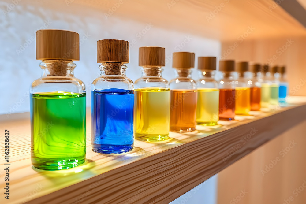 A vibrant array of essential oils in glass bottles showcases natural colors under soft sunlight A vibrant array of essential oils in glass bottles showcases natural colors under soft sunlight