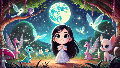 A girl with long black hair in a silver dress surrounded by glowing magical creatures in a moonlit, starry garden.