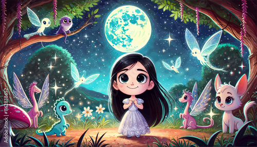 A girl with long black hair in a silver dress surrounded by glowing magical creatures in a moonlit, starry garden.