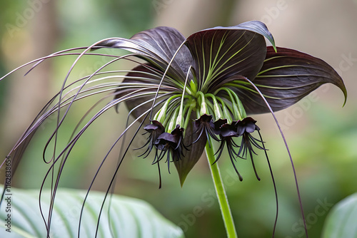 Exotic black bat flower tacca chantrieri in tropical habitat. photo