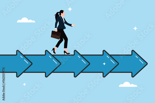Businesswomen slowly moving forward along the arrow in a balanced manner. Maintaining continuity of growth. Reliability or stability for advancement in career development.Balance or steady step.