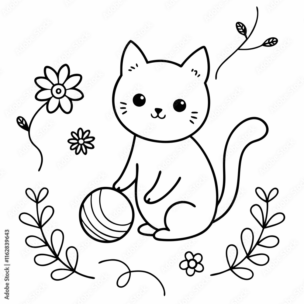 Obraz premium Vector art illustration of a cat playing in a flower garden