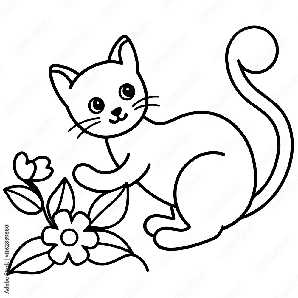 Fototapeta premium Vector art illustration of a cat playing in a flower garden