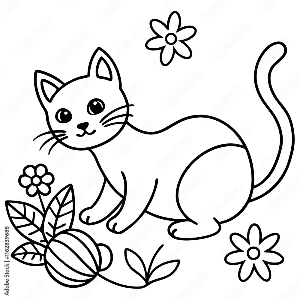 Obraz premium Vector art illustration of a cat holding a flower