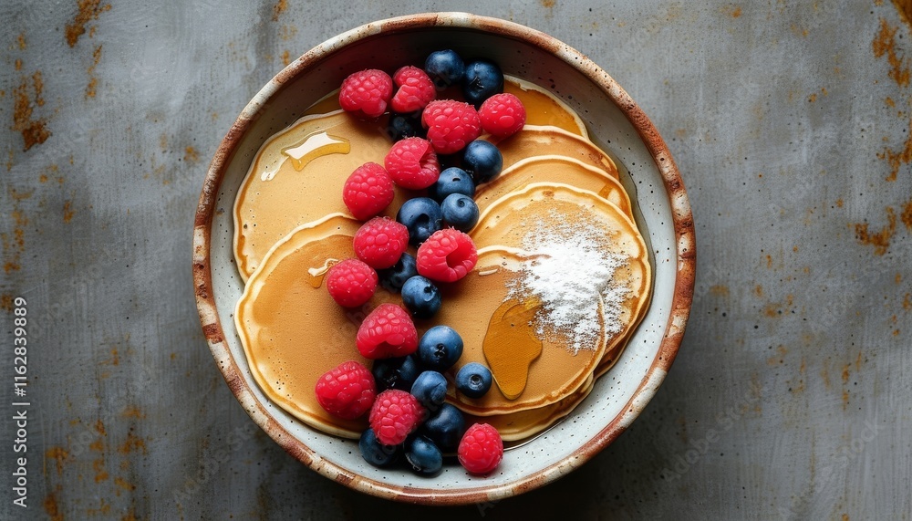 Delicious Gluten-Free Pancakes Served in a Bowl with Berries and Maple Syrup Delicious Gluten-Free Pancakes Served in a Bowl with Berries and Maple Syrup