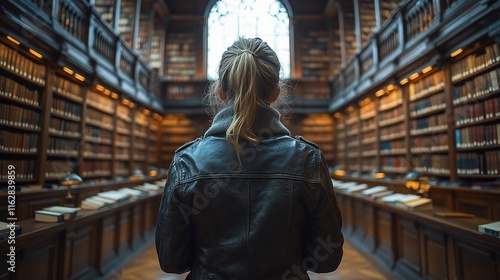 Woman standing in a grand old library admiring books