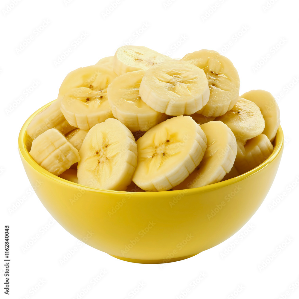 Sliced banana bowl fruit, fresh tropical food design, healthy organic nutrition snack, yellow ripe pieces isolated Sliced banana bowl fruit, fresh tropical food design, healthy organic nutrition snack, yellow ripe pieces isolated