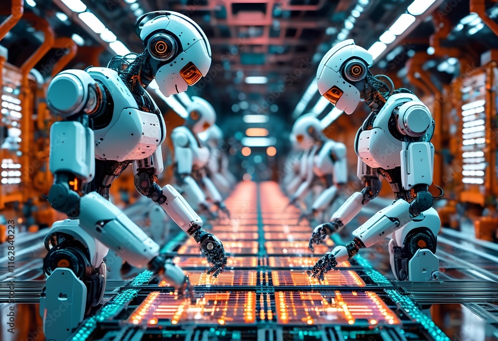 Fototapeta premium Robots collaborate in a high-tech facility during a futuristic assembly process with intricate machinery and glowing screens