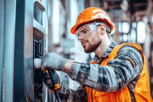 Worker Configuring Electric Vehicle Charging Station