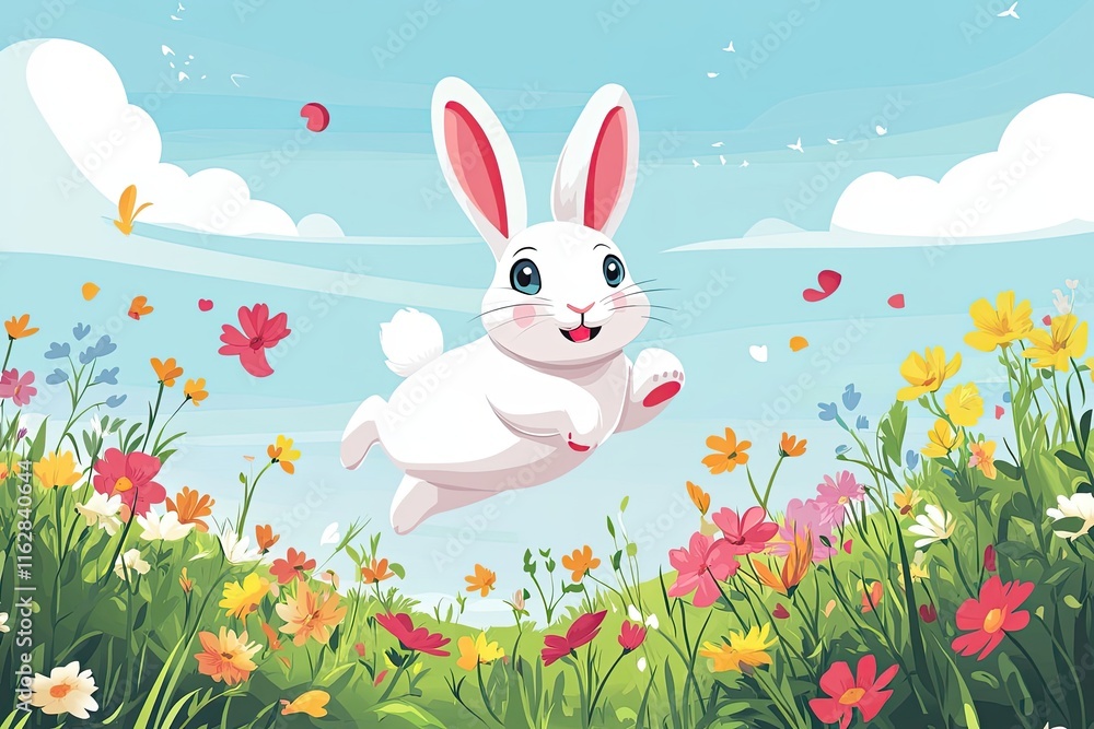 Happy White Rabbit Leaps Over Colorful Spring Flowers Happy White Rabbit Leaps Over Colorful Spring Flowers