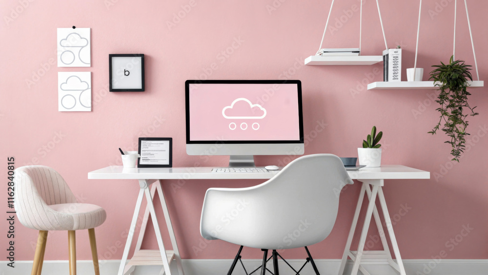 Fototapeta premium A minimalist workspace features a sleek white desk with a computer displaying a cloud icon against a pink wall. Modern shelves hold books and a small plant, adding to the clean, organized look.AI gene