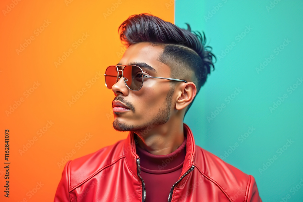 Confident young Latino man wearing red jacket with sunglasses, bold style. Bright and modern style portrait Confident young Latino man wearing red jacket with sunglasses, bold style. Bright and modern style portrait