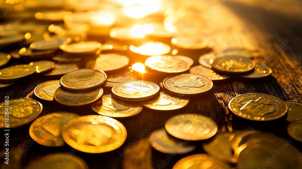 Scattered Coins on a Wooden Table with Warm Lighting