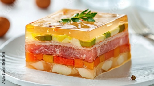 Delicious aspic with meat and vegetables garnished with parsley on white plate