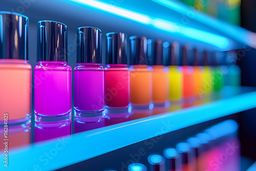 Brightly colored nail polishes are lined up neatly, illuminated by soft blue lighting in a salon