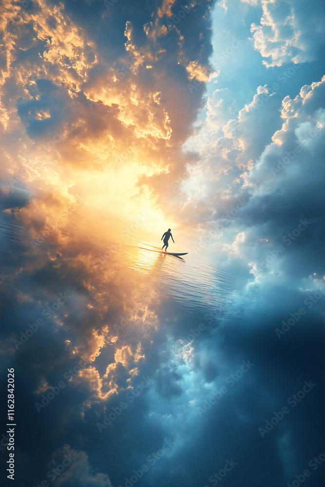 Fototapeta premium Paddleboarder gliding across calm water beneath a dramatic sky at sunset with vibrant colors reflecting on the surface