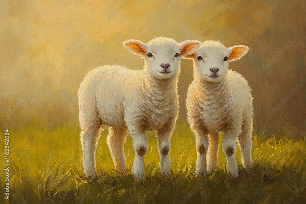 Fototapeta premium Two adorable lambs standing in a sunny field.