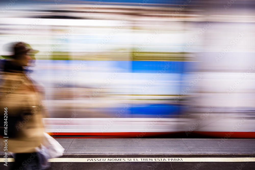The moving train with a warning sign and blurred woman The moving train with a warning sign and blurred woman