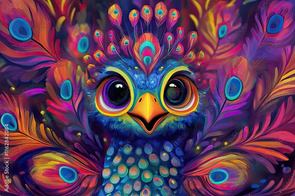 Vibrant Peacock Chick Surrounded By Colorful Feathers Vibrant Peacock Chick Surrounded By Colorful Feathers