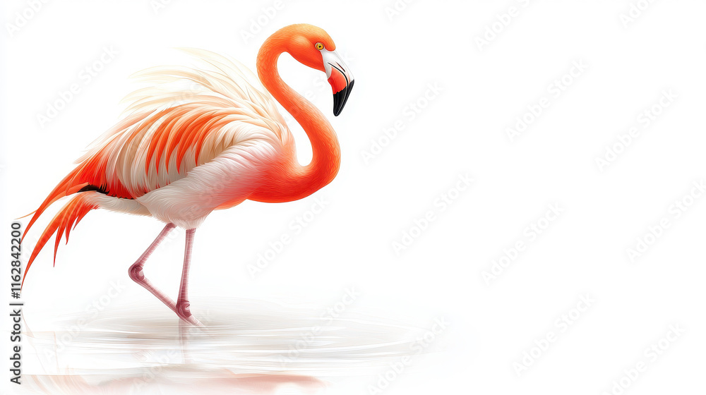 Fototapeta premium A vibrant flamingo stands gracefully in shallow water, showcasing its striking pink plumage and elegant posture.