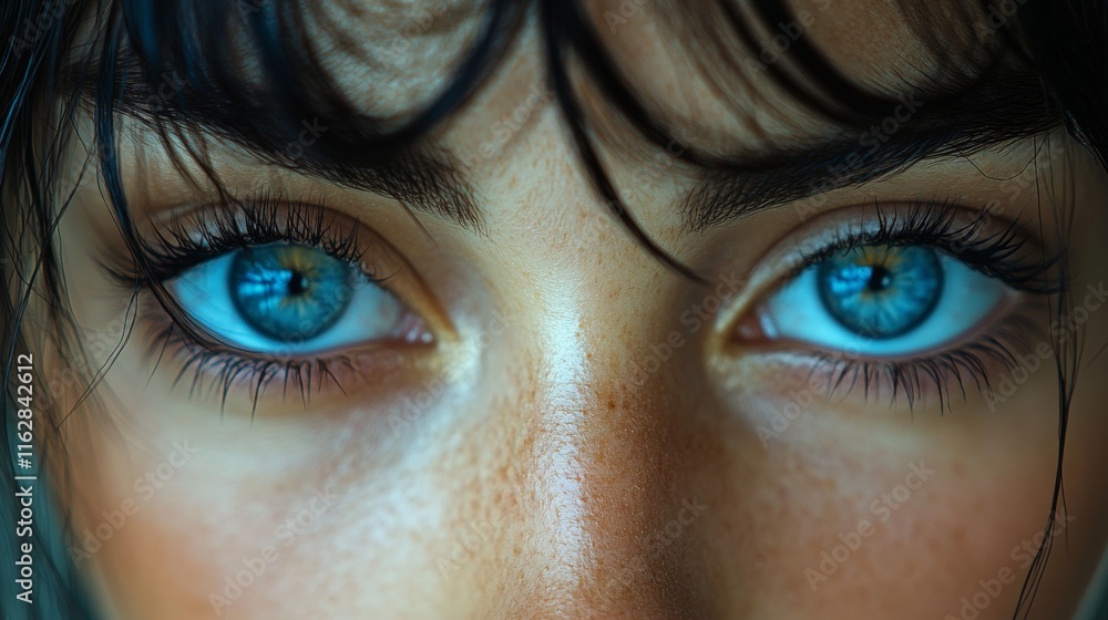 Fototapeta premium Close-up of piercing blue eyes with wet hair strands