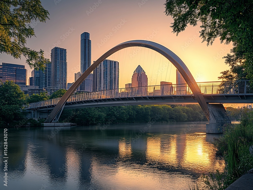 Fototapeta premium Sunrise over city skyline reflected in calm river water with modern pedestrian bridge.