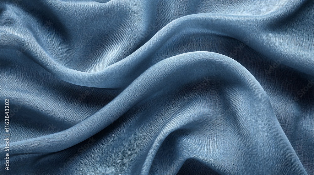 Naklejka premium Draped blue silk fabric with soft waves and folds.