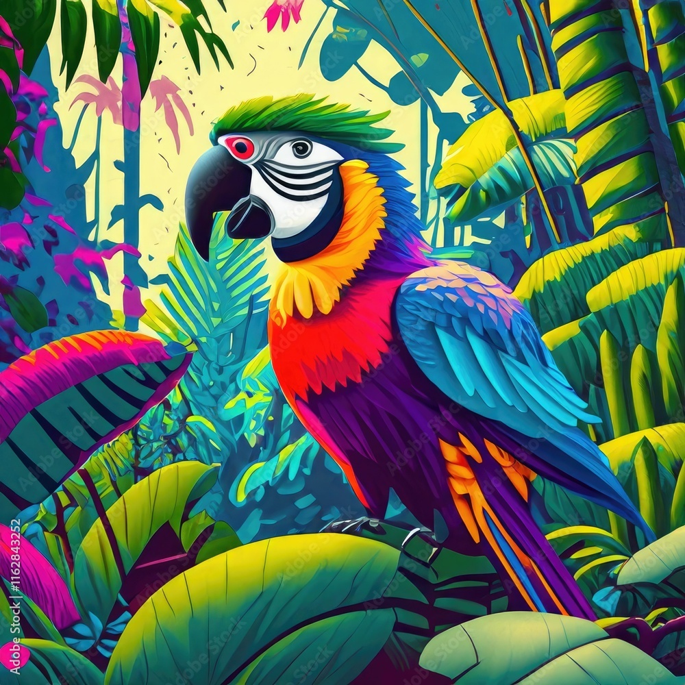 A colorful Parrot in the Jungle, pop art style