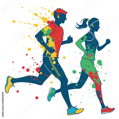 Dynamic artwork showing two people jogging in vibrant colors with artistic paint splashes. Represents fitness, energy, and outdoor activities.