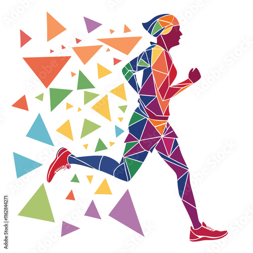 A vibrant image featuring the silhouette of a running person, decorated in a geometric pattern with a colorful background of triangles, evoking energy, motion, and modern graphic art style.