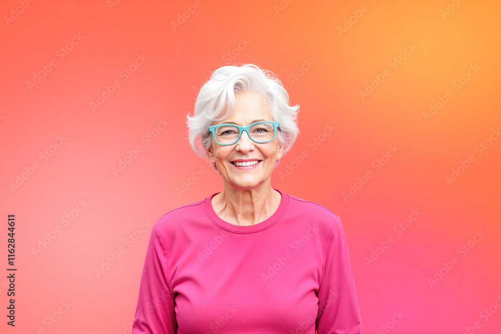 Cheerful elderly woman smiling in vivid pink dress, joyful spirit. Bright and modern style portrait Cheerful elderly woman smiling in vivid pink dress, joyful spirit. Bright and modern style portrait