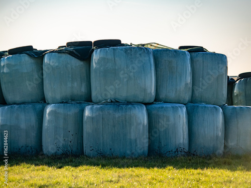 Stroh und Silageballen lagern im Freien photo