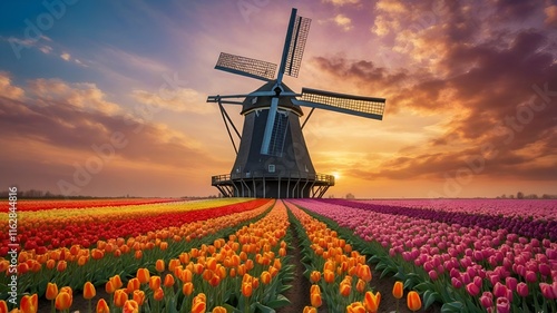 A wind mill in a tulip garden