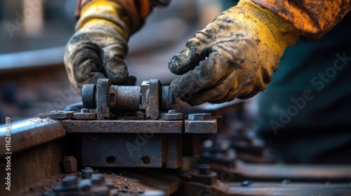 Dirty Railroad Track Maintenance Rusty Parts, Gloved Hands