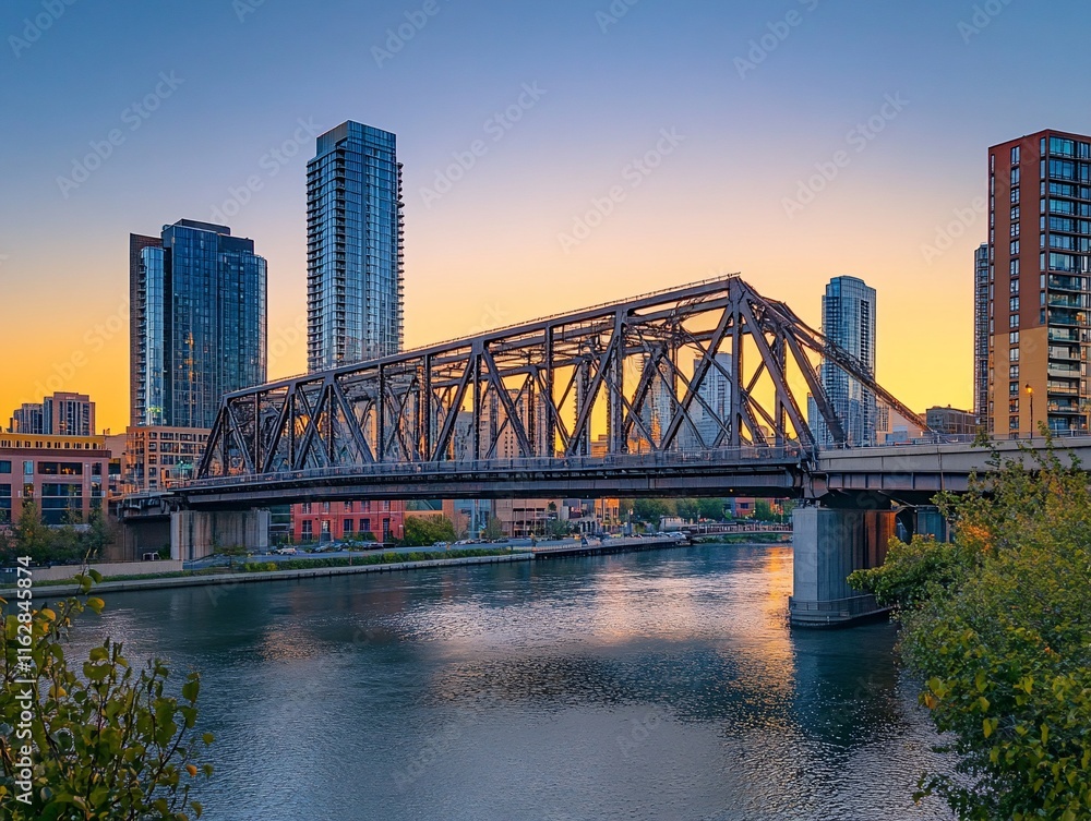 Fototapeta premium Cityscape at sunset with bridge over river and modern buildings.