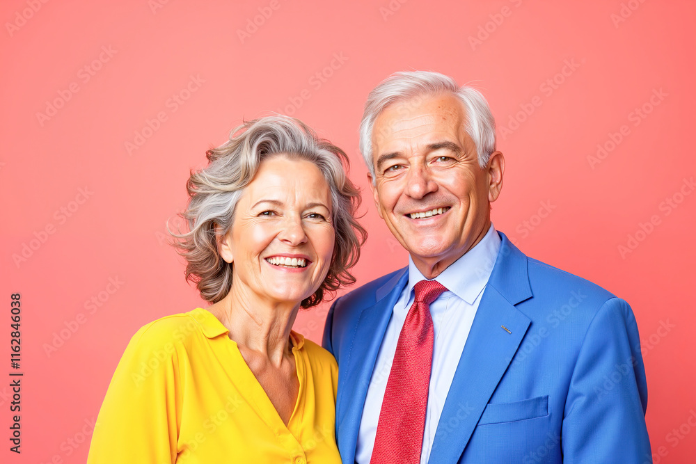 Elderly couple smiling together against coral pink background, joy. Bright and modern style portrait Elderly couple smiling together against coral pink background, joy. Bright and modern style portrait