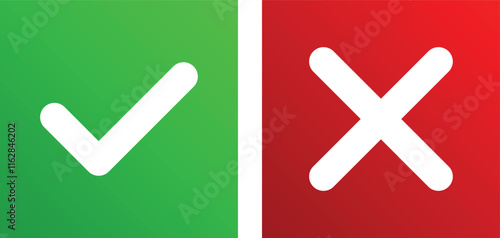 Check mark icon button set. Isolated checkmark symbol, right and wrong sign concept. Check box icon with right and wrong buttons and yes or no checkmark icons in green tick box and red cross. 